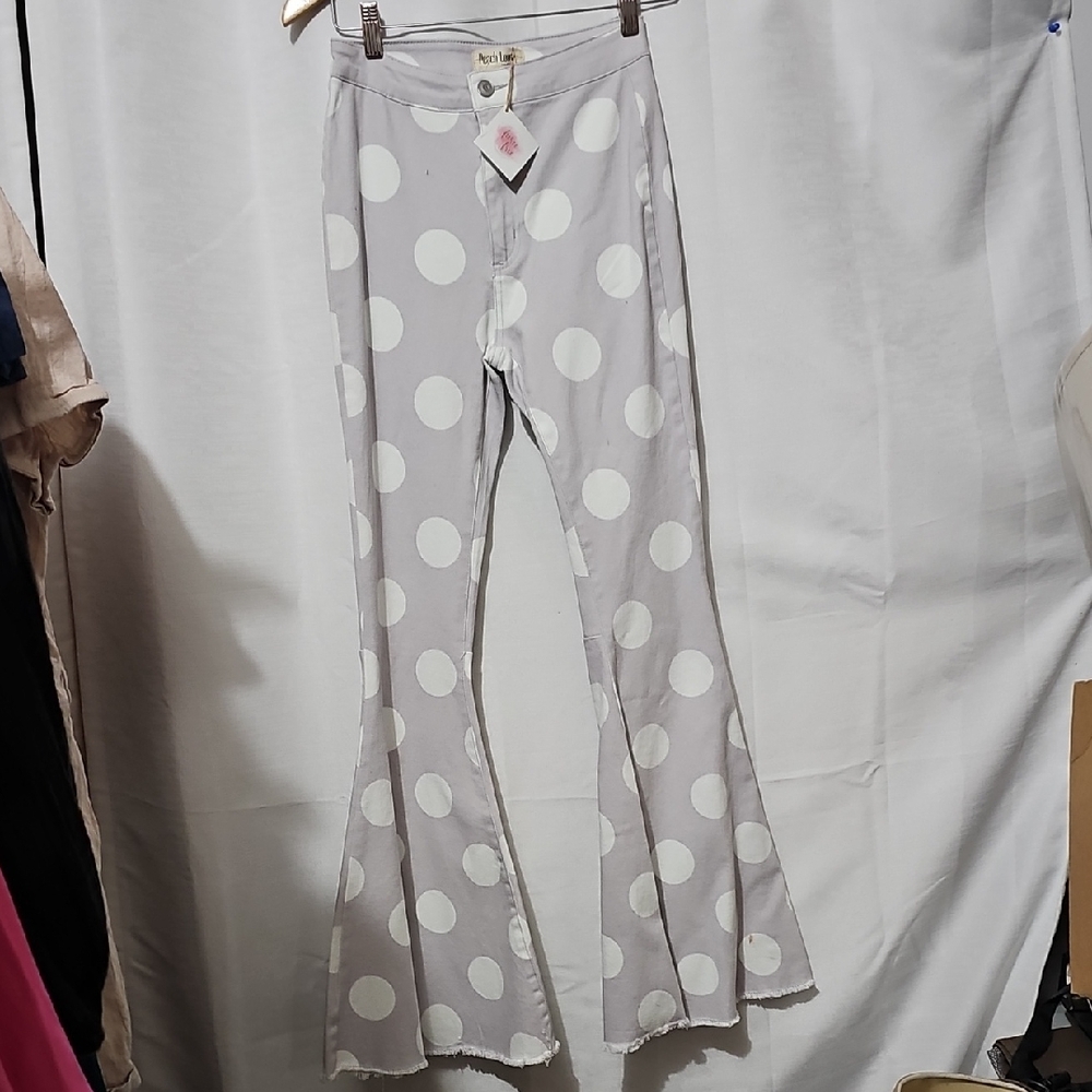 Peach Love California, Light Gray/Lavender Polka Dot Flare Pants, Bellbottoms
